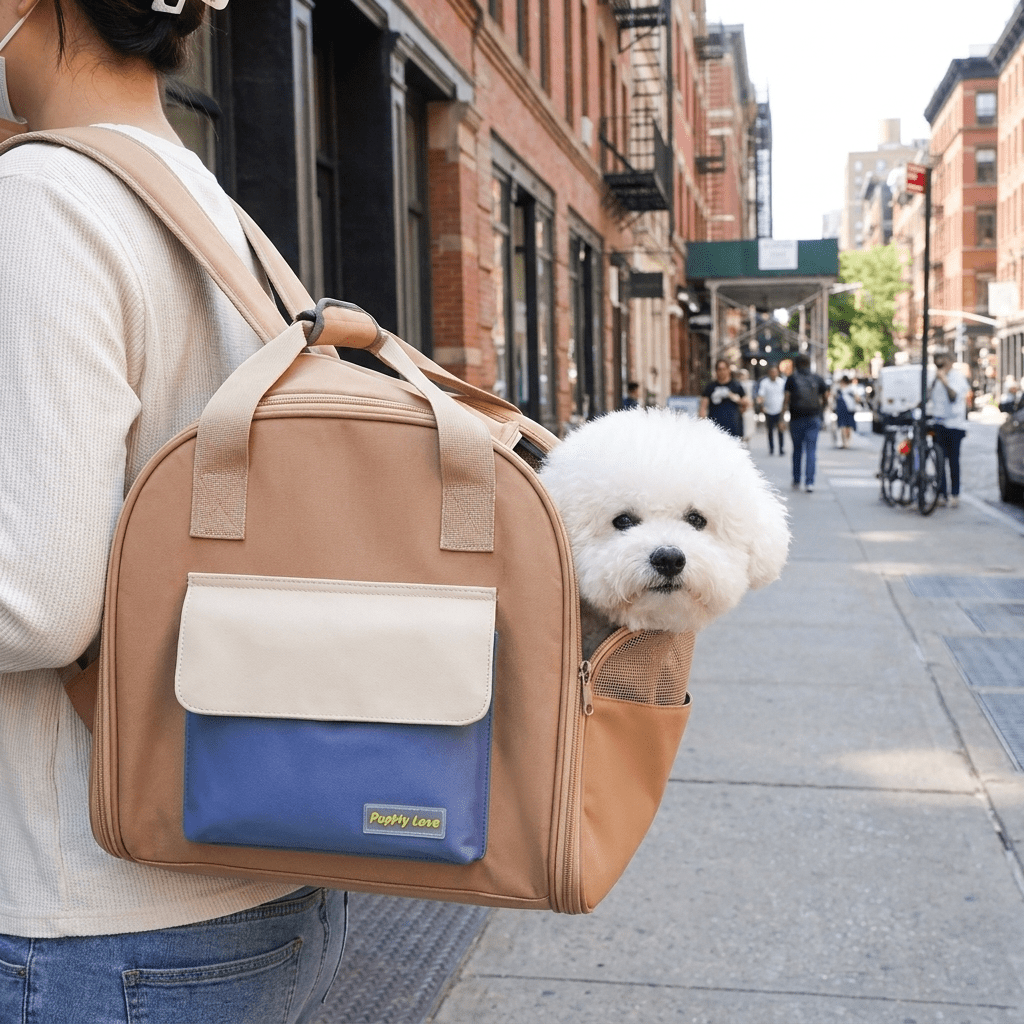 sac de transport pour chien convertible en tente FluffyBaby beige porte en sac a dos en ville bichon frise visible par la maille