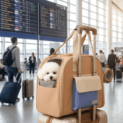 sac de transport pour chien convertible en tente FluffyBaby beige fixation valise en aeroport bichon frise visible par la maille