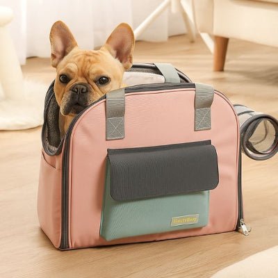 sac de transport pour chien rose et vert bouledogue français assis ouverture latérale mesh – FluffyBaby™