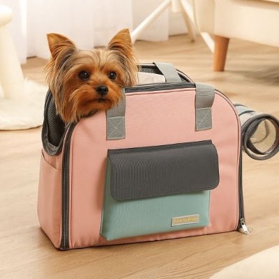 sac de transport pour chien rose avec poche verte yorkshire la tête dehors poche frontale – FluffyBaby™