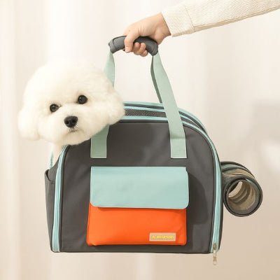 sac de transport pour chien gris avec poche orange bichon regardant dehors par la maille – FluffyBaby™