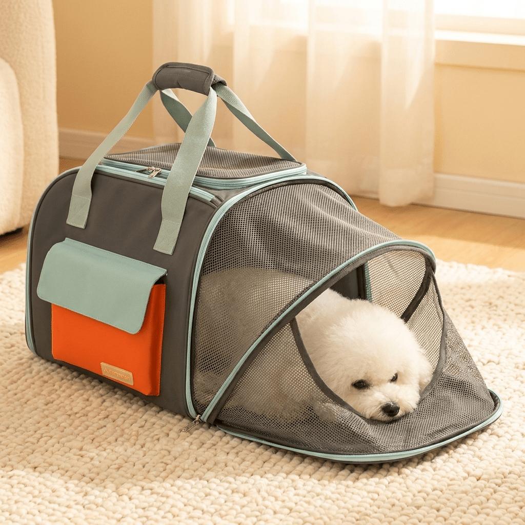 sac de transport pour chien convertible en tente FluffyBaby gris deploye en mode tente bichon frise allonge a l'interieur