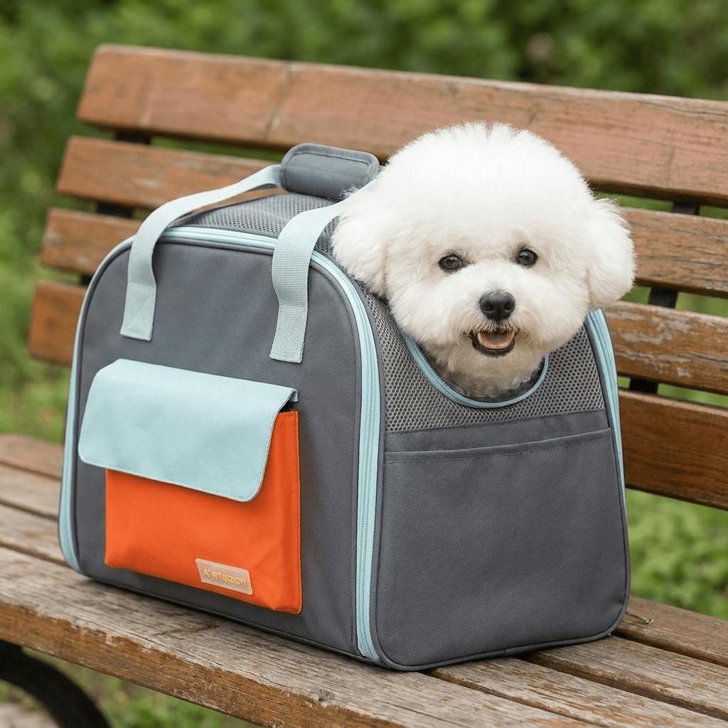 sac de transport pour chien convertible en tente FluffyBaby gris bichon frise regardant par la fenetre en maille exterieur