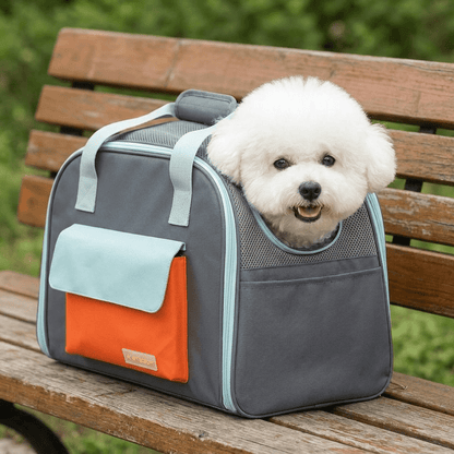sac de transport pour chien convertible en tente FluffyBaby gris bichon frise regardant par la fenetre en maille exterieur