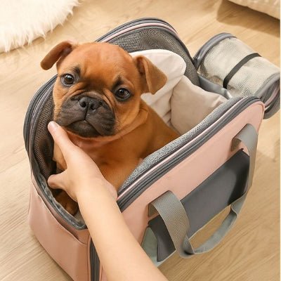 sac de transport pour chien rose et gris, chiot installé à l’intérieur main rassurante – FluffyBaby™