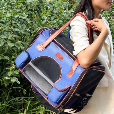 sac de transport pour chien porté à l’épaule par une femme en promenade TravelEase™