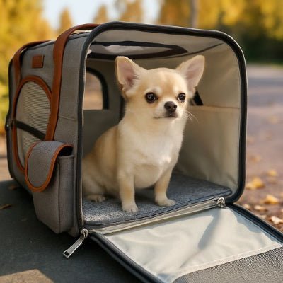 sac de transport pour chien gris avec chihuahua assis à l’intérieur TravelEase™