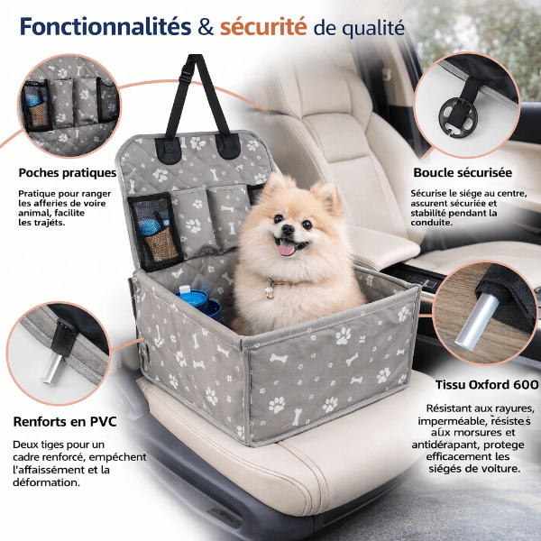 siege auto chien installe sur banquette avec poches rangement boucle securite et tissu oxford resistant