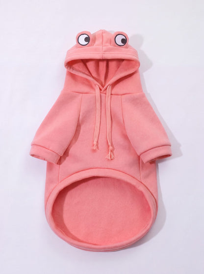 Sweat à capuche chien grenouille rose à yeux brodés, vue de face