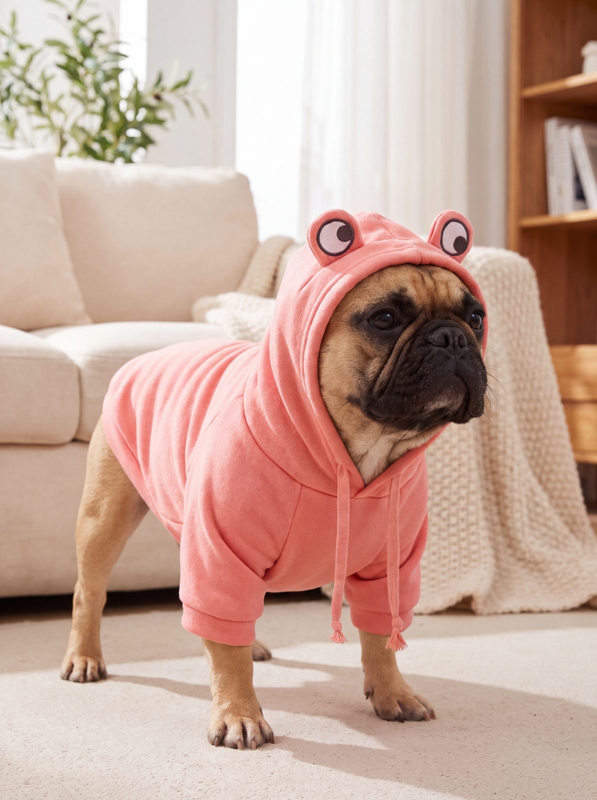 Bouledogue français de trois quarts avec le sweat à capuche chien grenouille rose