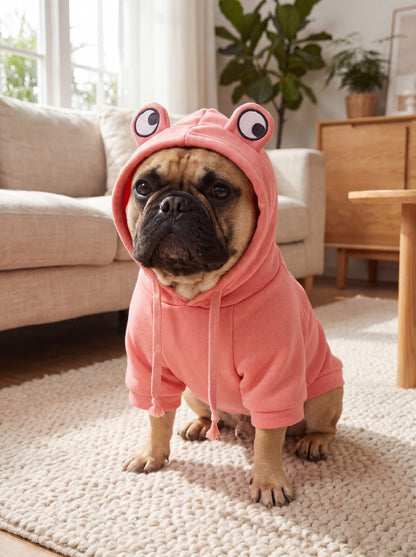 Bouledogue français assis de face portant le sweat à capuche grenouille rose