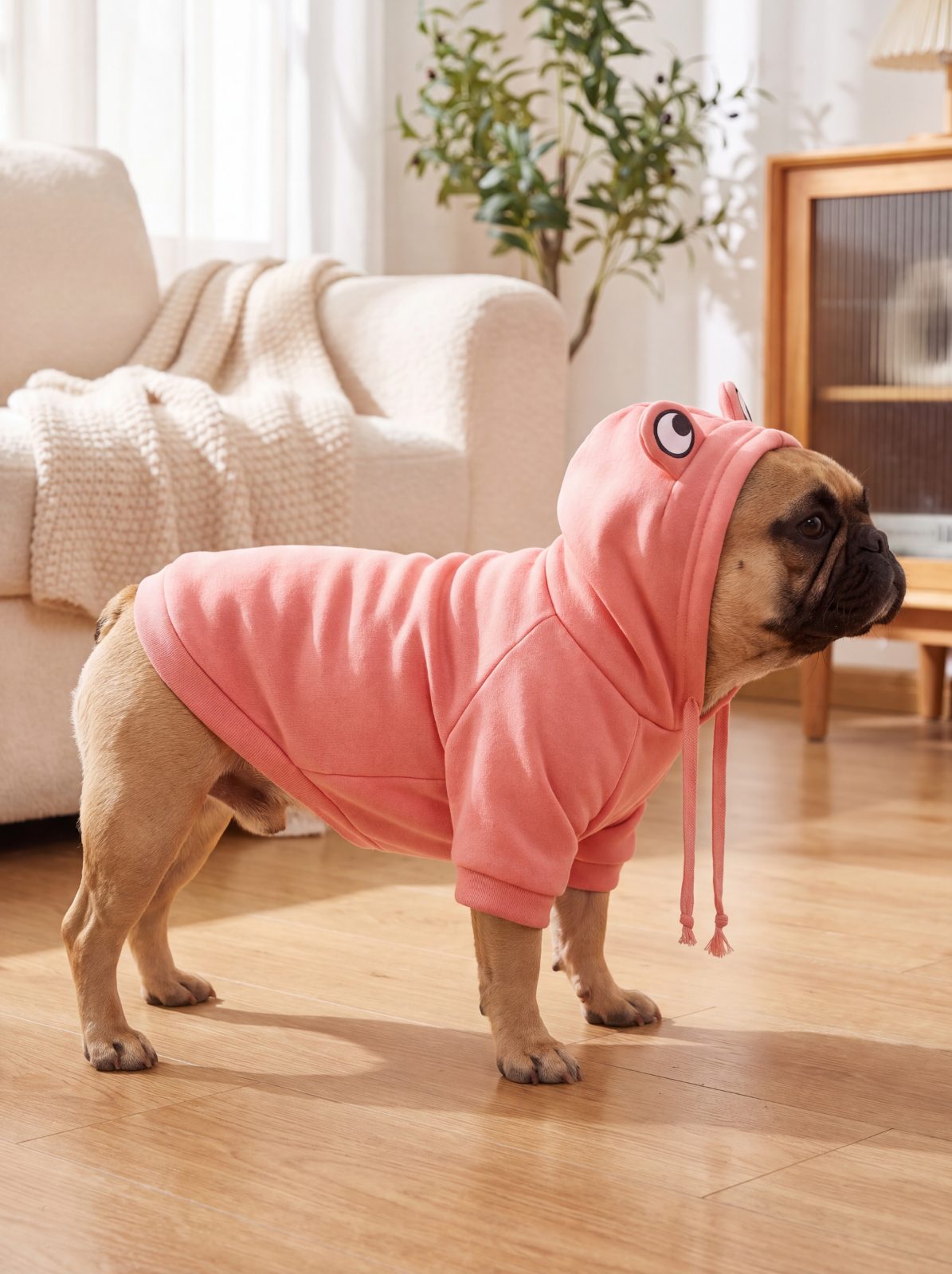 Bouledogue français de profil portant le sweat à capuche grenouille rose avec cordon