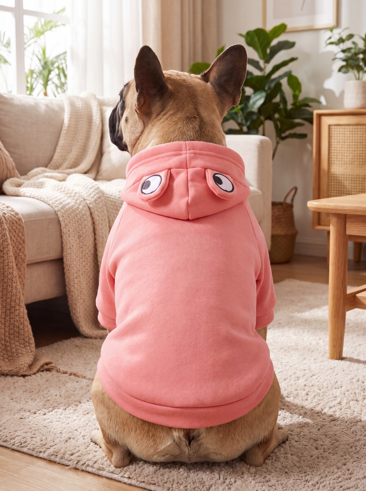 Vue de dos du sweat à capuche chien grenouille rose, capuche à yeux brodés