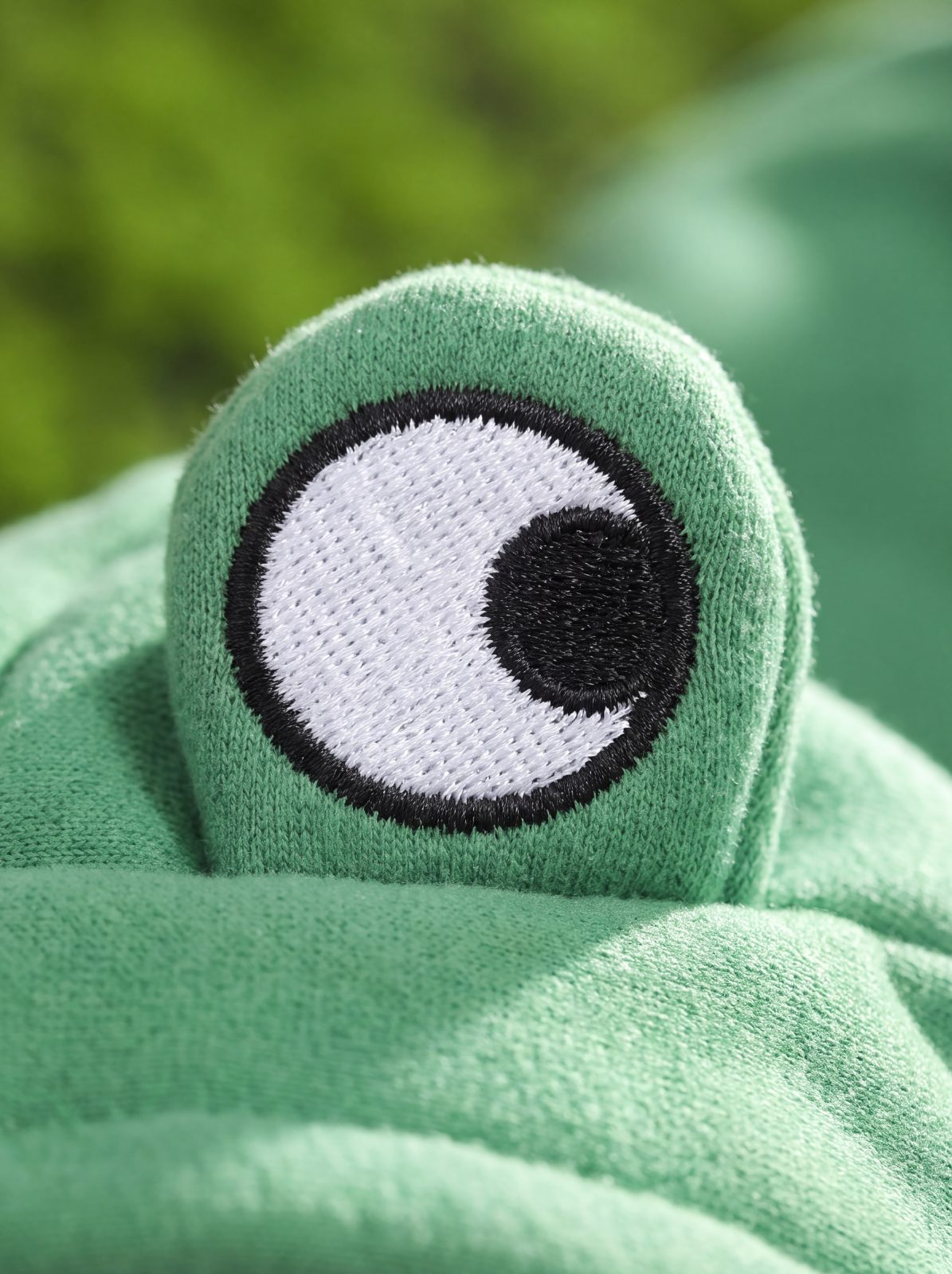 Gros plan sur l'œil brodé de la capuche grenouille du sweat vert pour chien