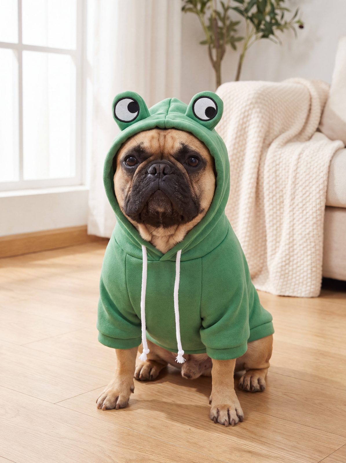 Bouledogue français assis de face avec un sweat à capuche grenouille vert en polaire, capuche relevée