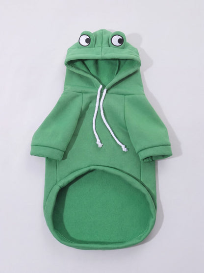 Sweat à capuche chien grenouille vert en polaire, capuche aux yeux brodés et cordon blanc, vue de face