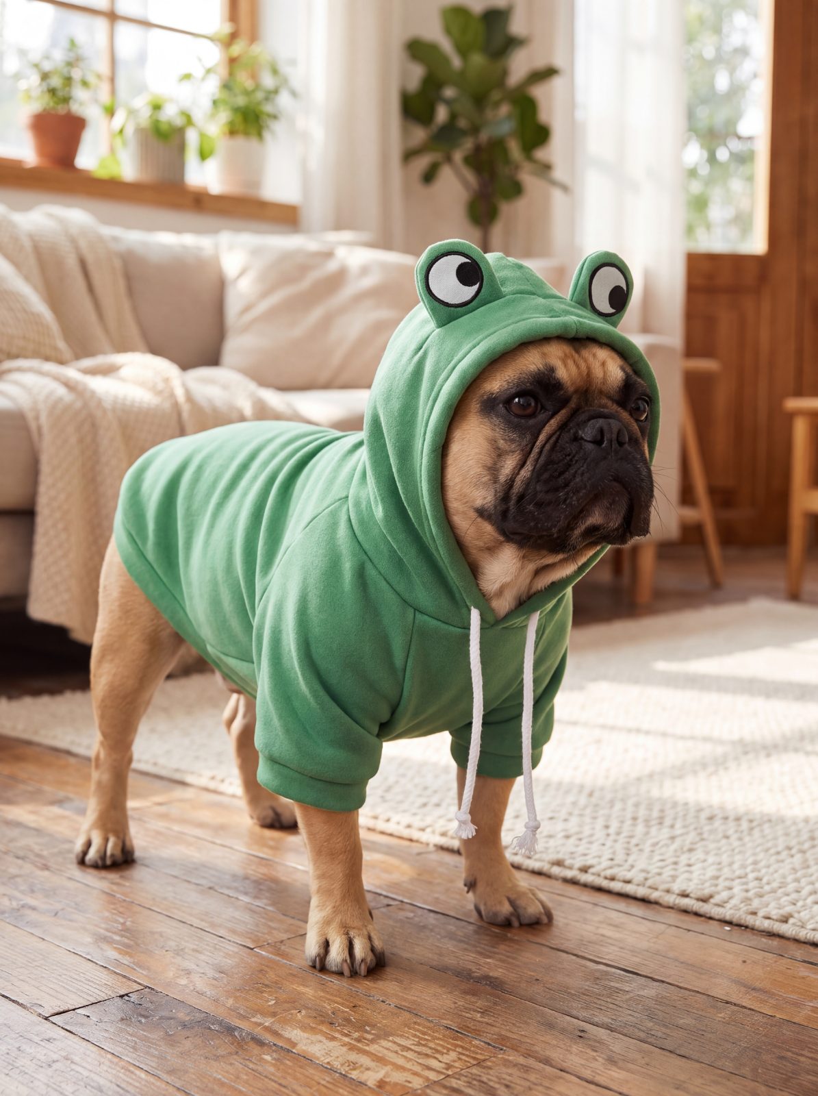 Bouledogue français de trois quarts avec un sweat à capuche grenouille vert, capuche relevée