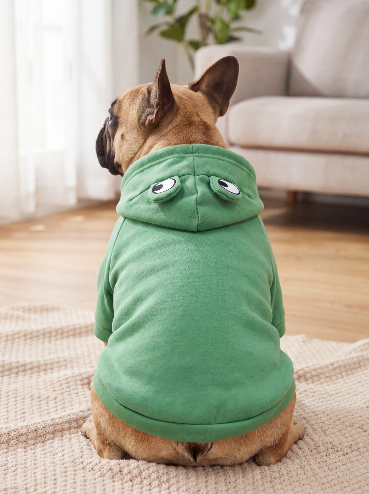 Bouledogue français de dos portant le sweat à capuche grenouille vert, les deux yeux brodés visibles sur la capuche
