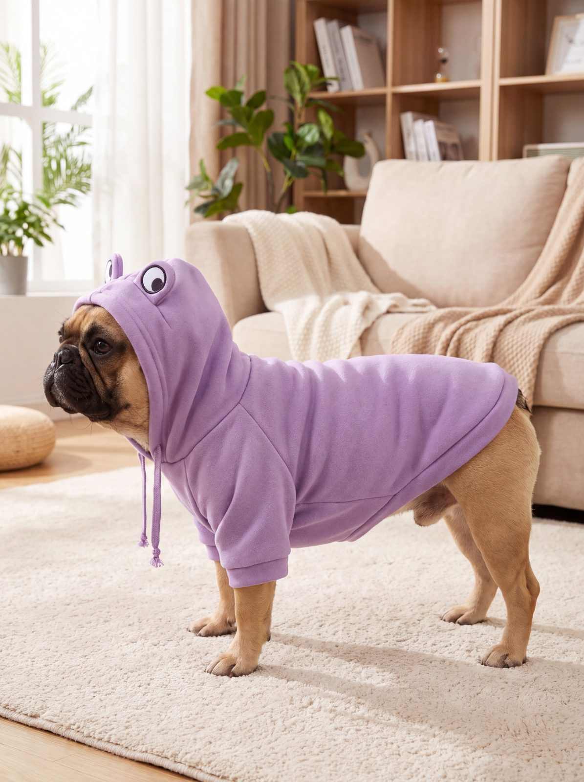Bouledogue français de profil avec un sweat à capuche grenouille violet