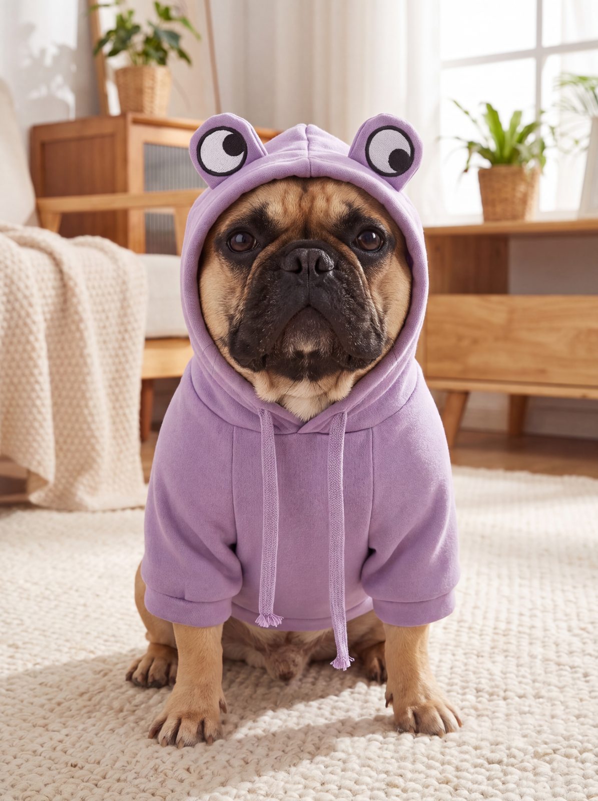 Bouledogue français assis de face avec un sweat à capuche grenouille violet