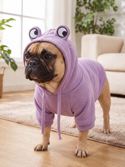 Bouledogue français en trois-quarts avec un sweat à capuche grenouille violet