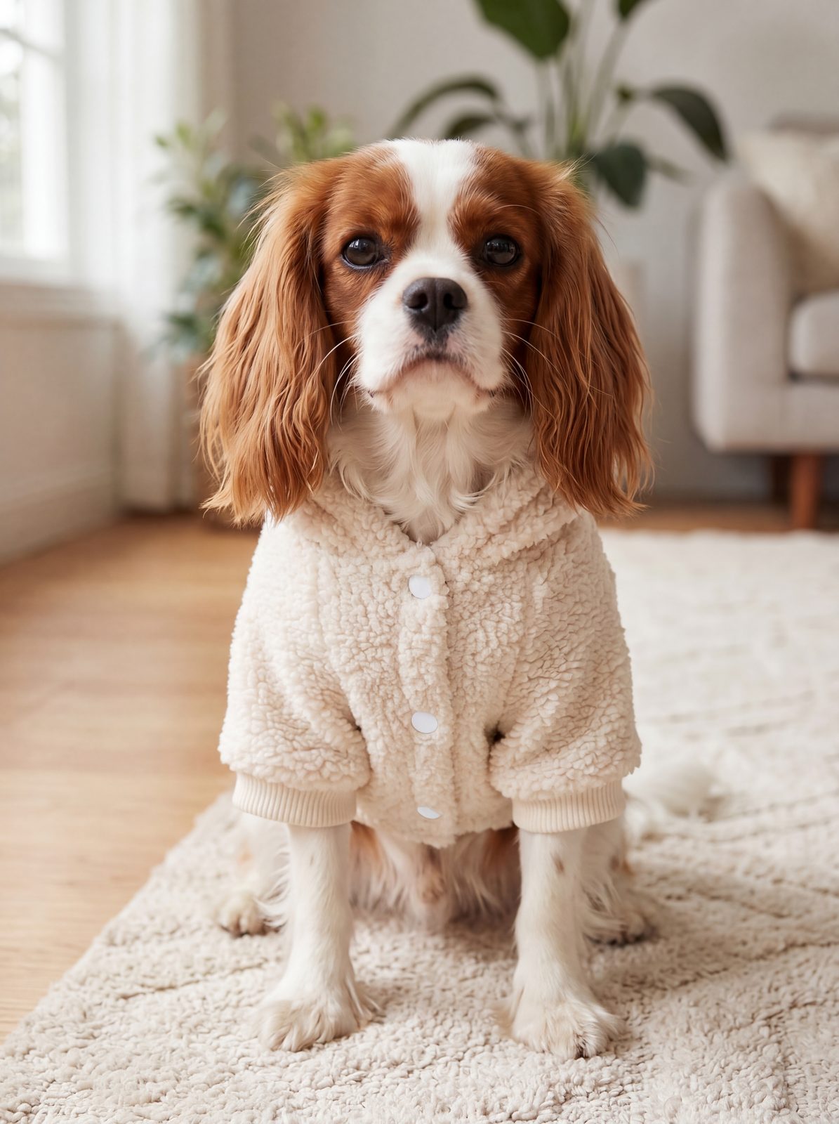 Cavalier King Charles assis de face portant un sweat à capuche chien New York en sherpa crème