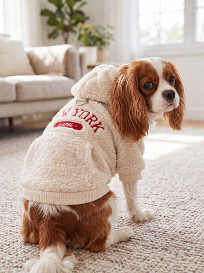 Chien en sweat à capuche New York sherpa crème, vue de trois quarts avec broderie rouge dans le dos
