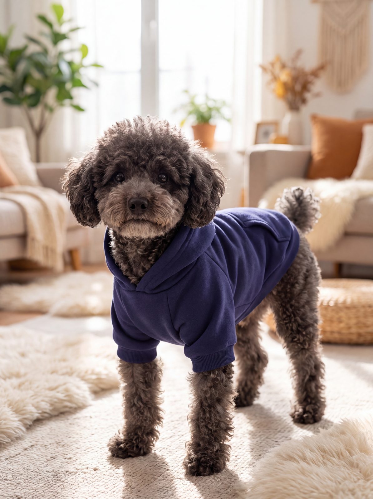 Chien caniche en trois-quarts portant le sweat à capuche bleu marine dans un salon