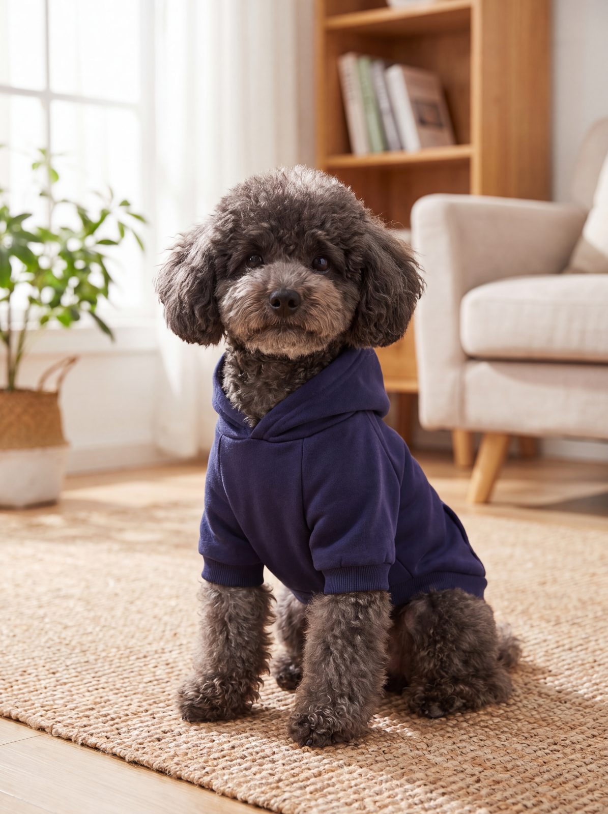 Chien caniche assis de face portant le sweat à capuche bleu marine avec poche au dos