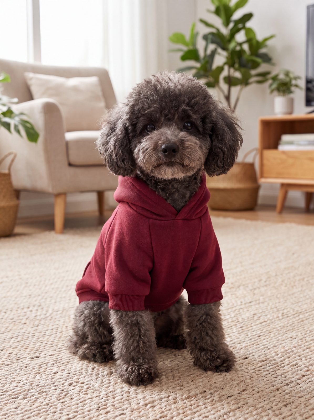 Chien caniche assis de face portant le sweat à capuche bordeaux avec poche au dos