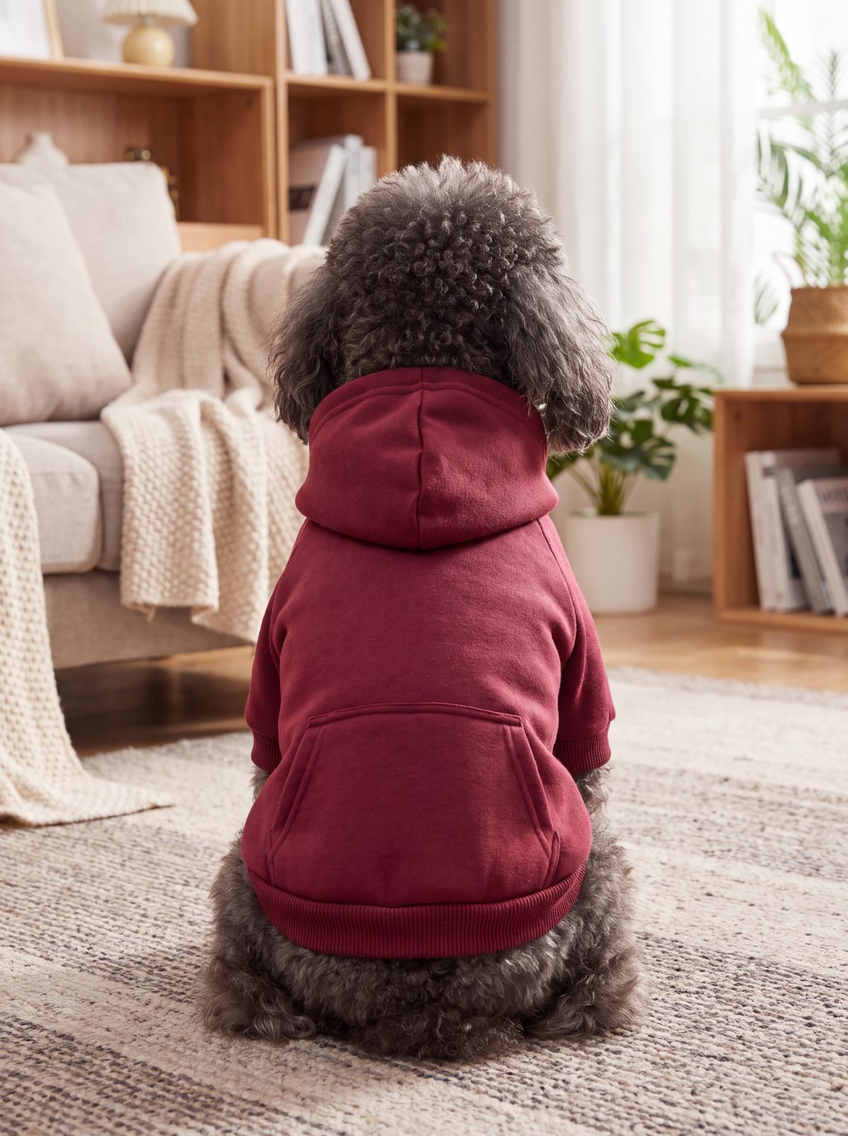 Chien caniche vu de dos avec la poche du sweat à capuche bordeaux
