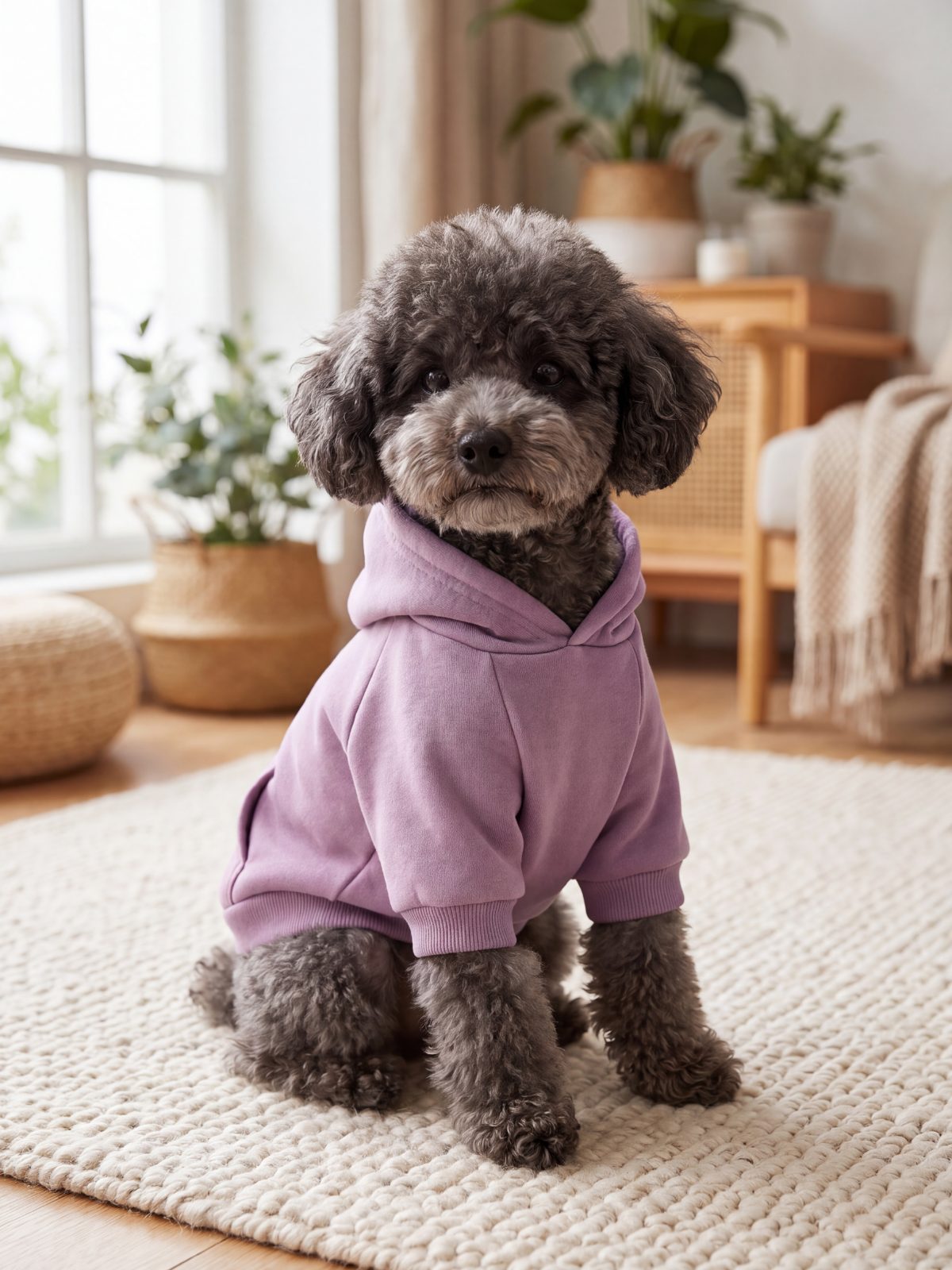 Caniche nain assis de face portant un sweat à capuche mauve pour chien