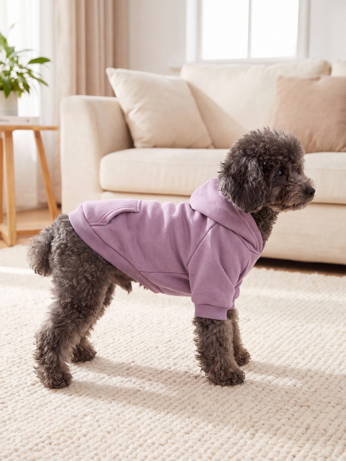Caniche nain de profil portant un sweat à capuche mauve pour chien