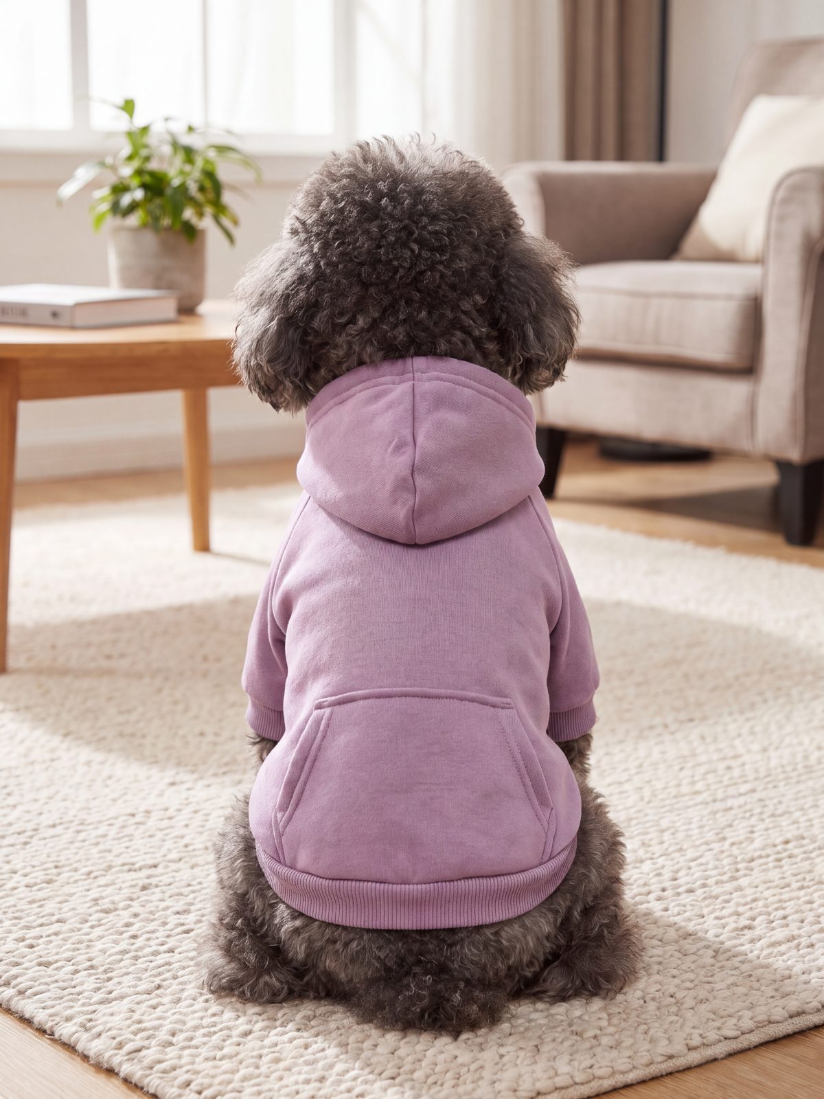 Caniche nain vu de dos portant un sweat à capuche mauve pour chien