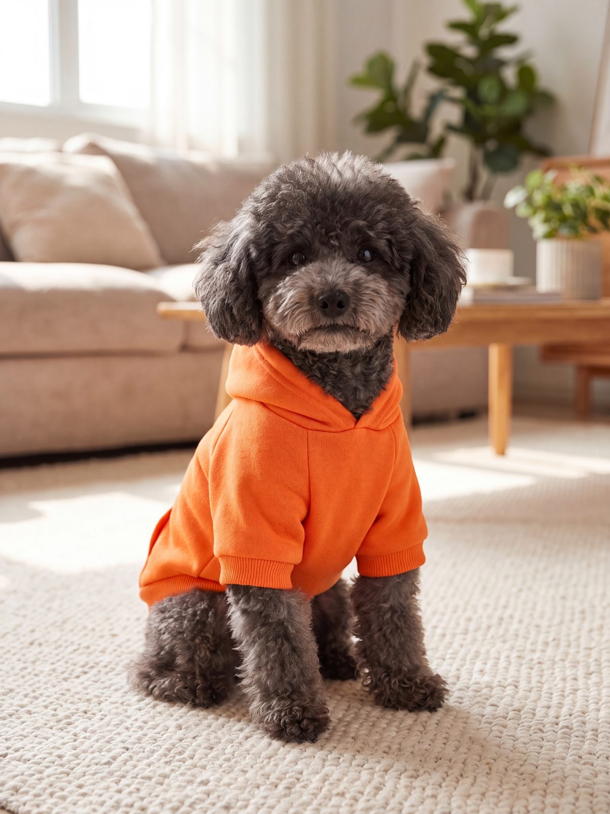 Caniche assis de face portant un sweat à capuche chien orange