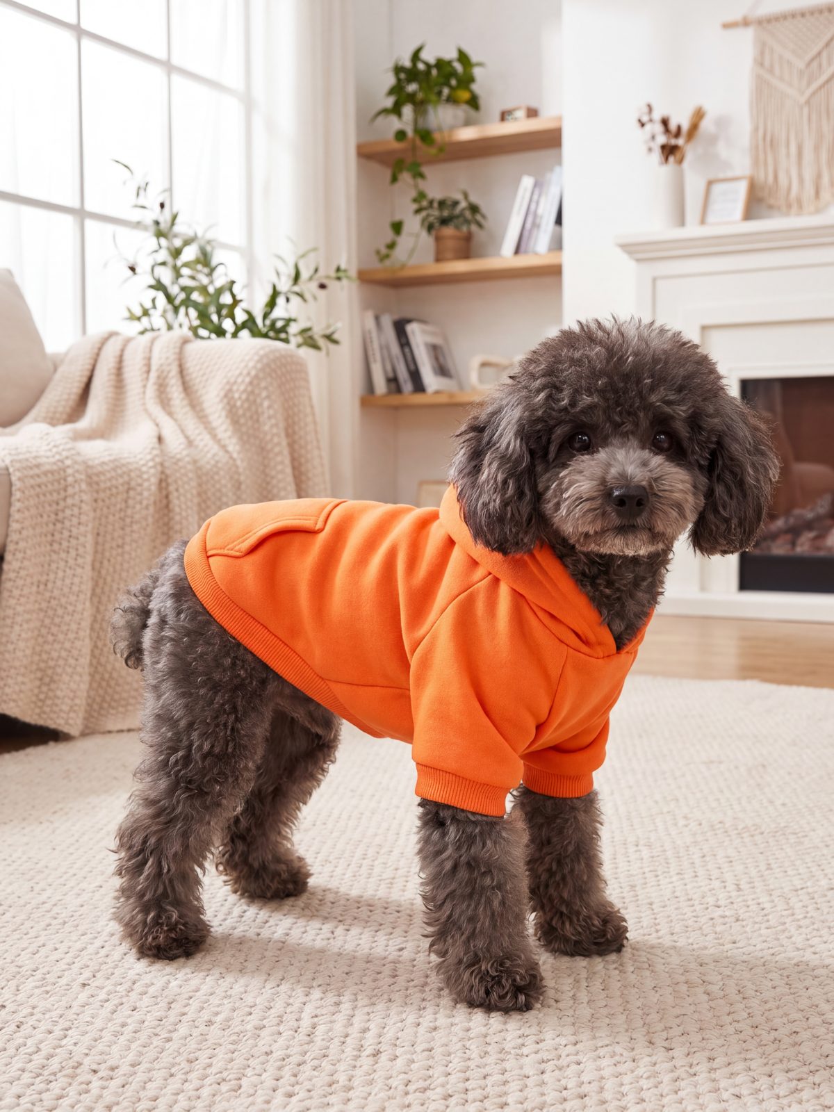 Caniche en trois-quarts portant un sweat à capuche chien orange