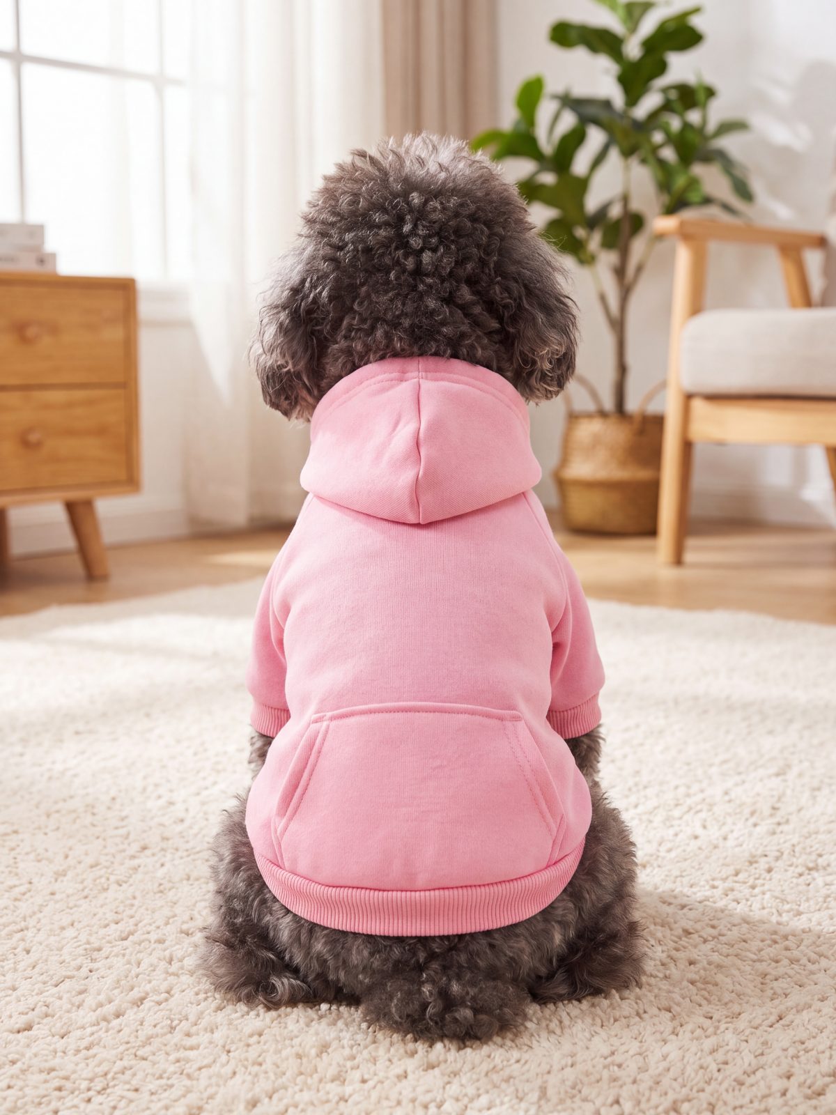 Caniche vu de dos portant un sweat à capuche chien rose avec poche sur le dos