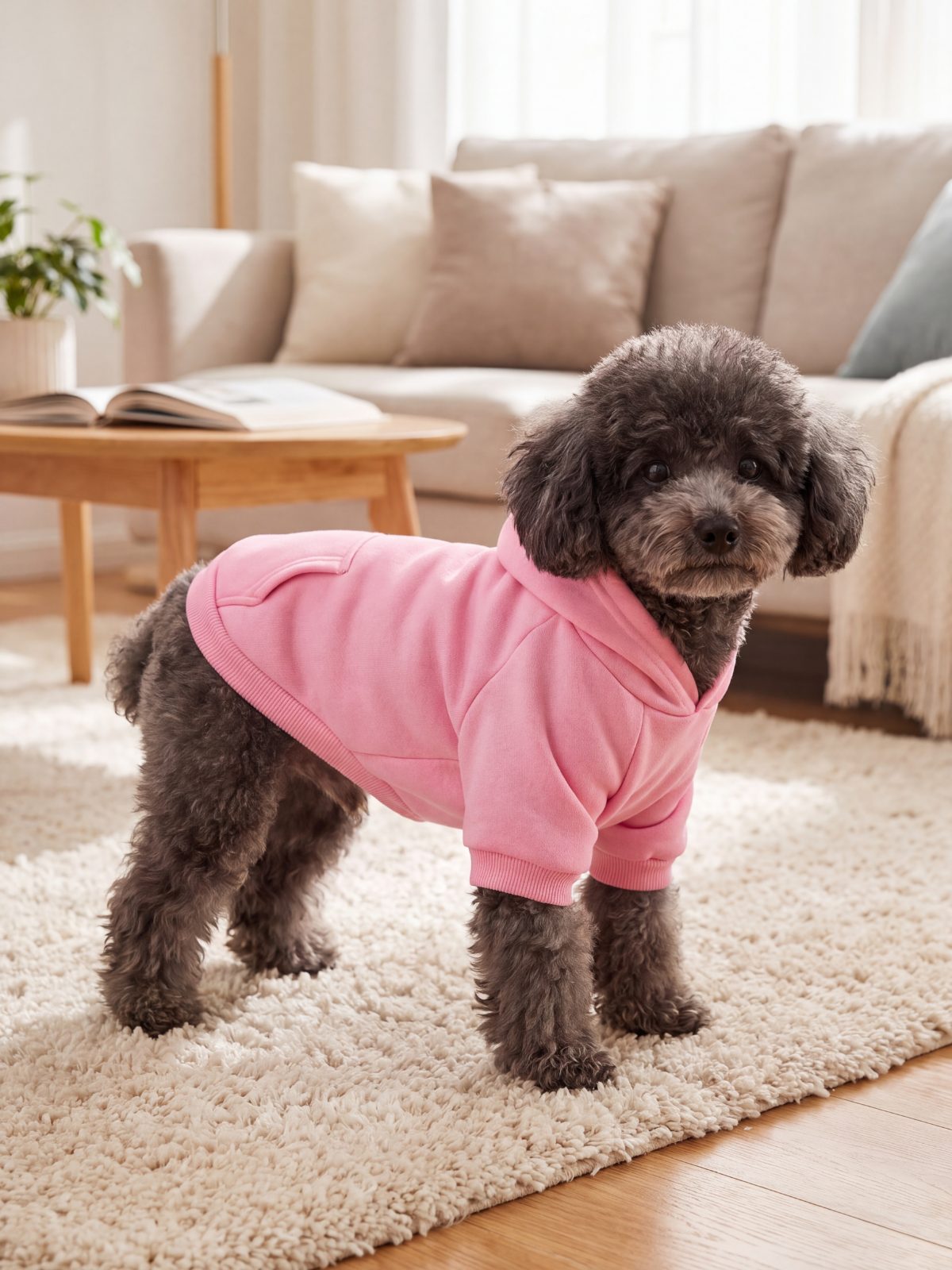 Caniche en trois-quarts portant un sweat à capuche chien rose avec poche sur le dos