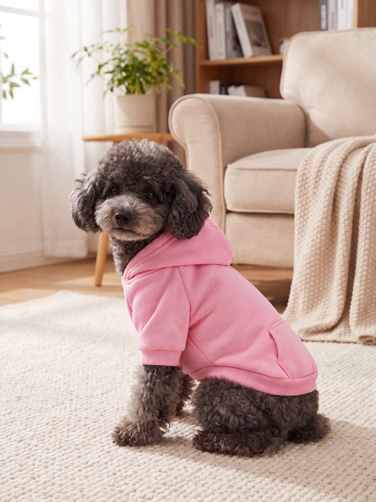 Caniche assis de face portant un sweat à capuche chien rose avec poche sur le dos