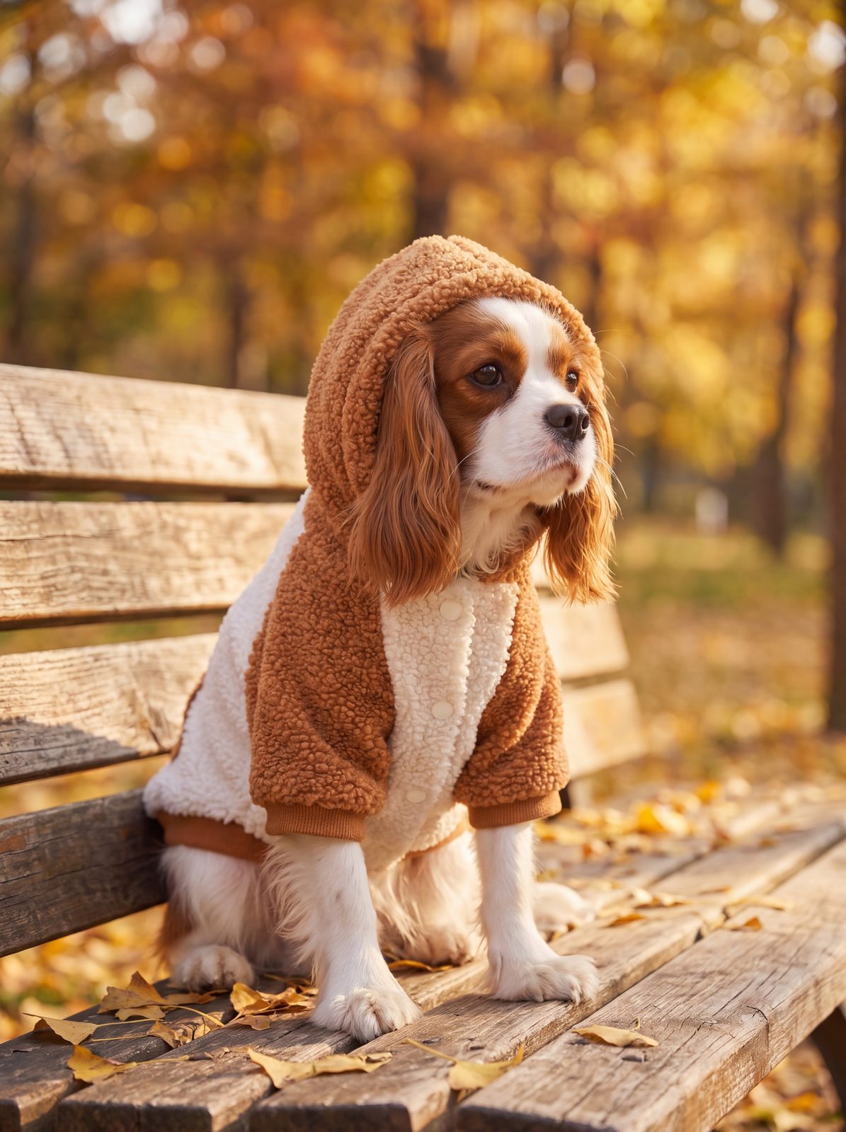 Chien assis sur un banc avec la capuche du sweat teddy caramel et crème