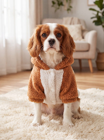 Chien assis face caméra sur un tapis avec un sweat à capuche teddy caramel et crème