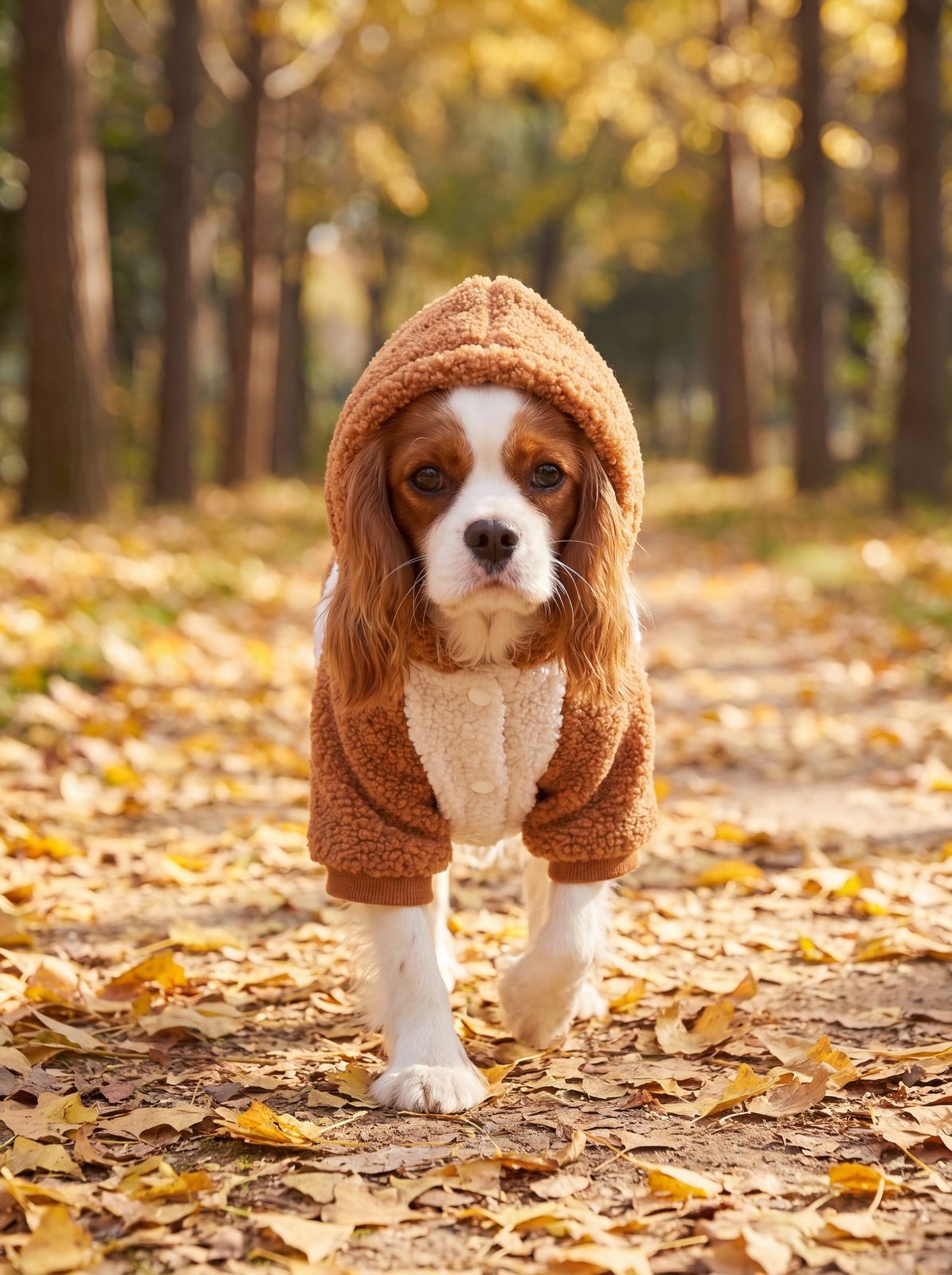 Chien marchant dans les feuilles d'automne avec la capuche du sweat teddy