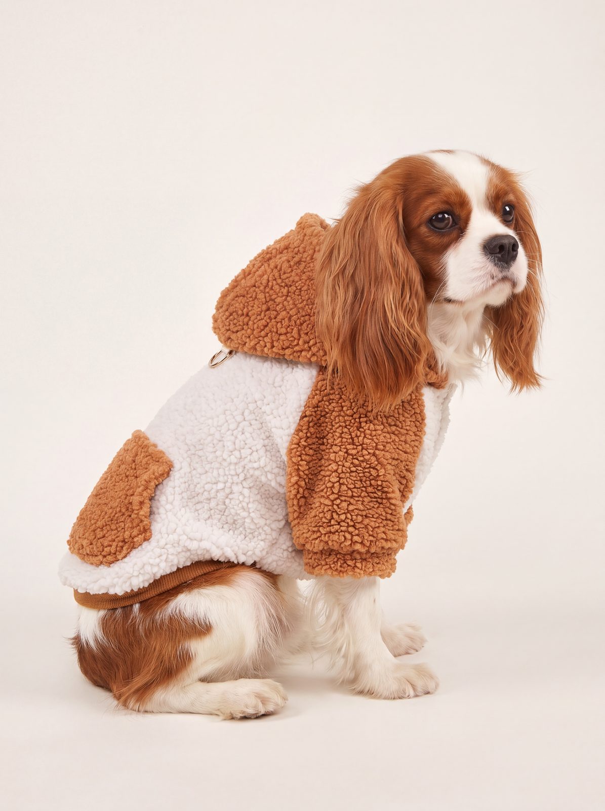 Chien assis de profil en studio avec un sweat à capuche teddy et poche dans le dos