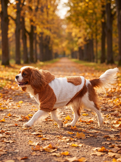 Chien qui trotte dans une allée d'automne avec un sweat à capuche teddy caramel et crème