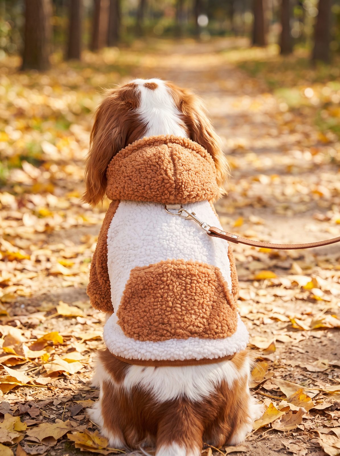 Chien vu de dos avec laisse accrochée à l'anneau du sweat teddy caramel et crème