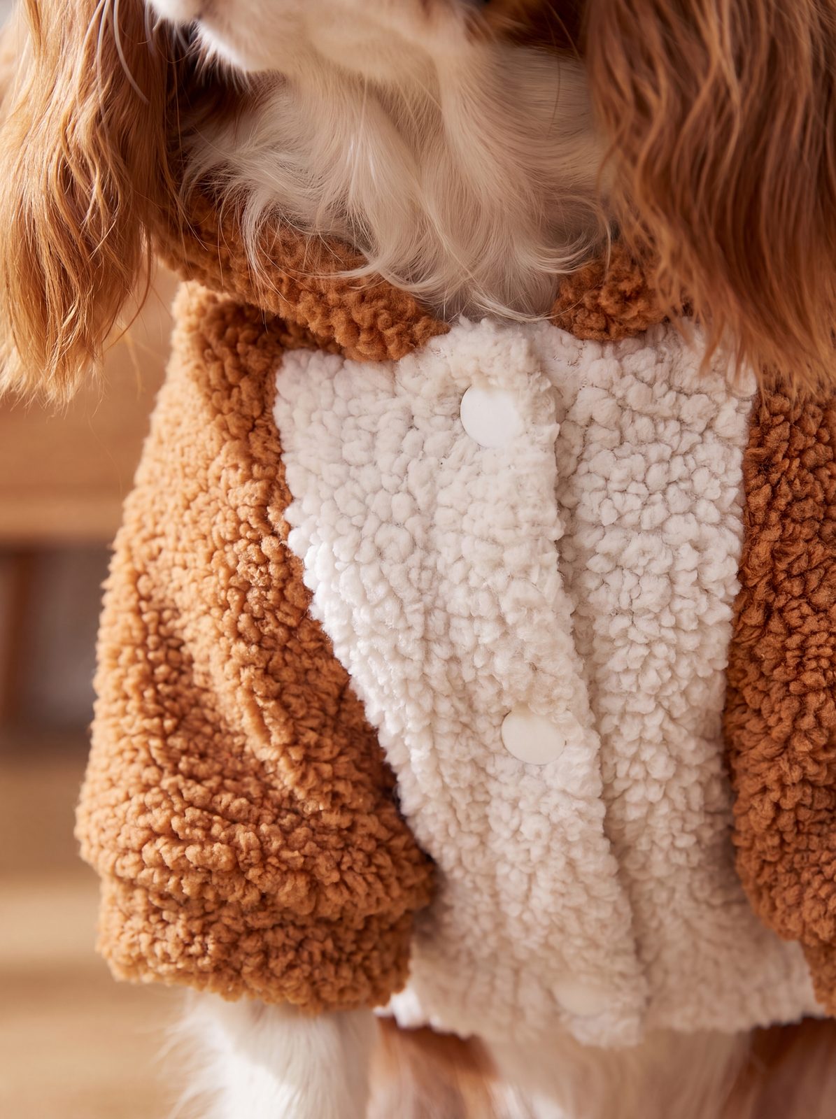 Gros plan sur les boutons-pression du sweat à capuche teddy pour chien