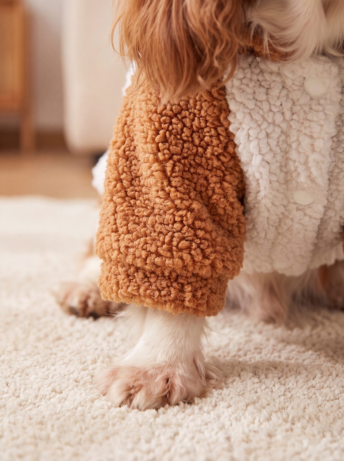 Gros plan sur la manche en tissu teddy caramel du sweat pour chien