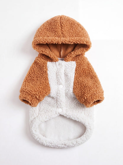 Sweat à capuche chien teddy caramel et crème, vue de face à plat