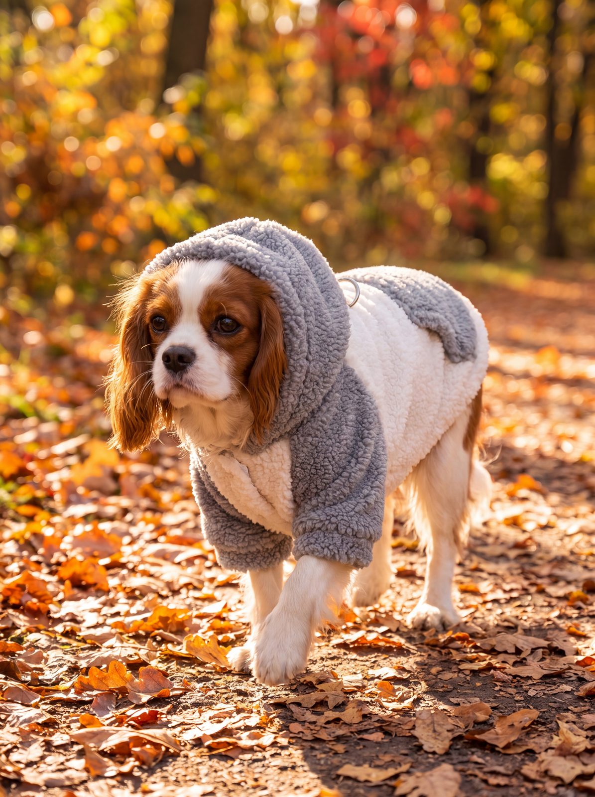 Chien qui marche avec la capuche relevée d'un sweat à capuche teddy gris et crème