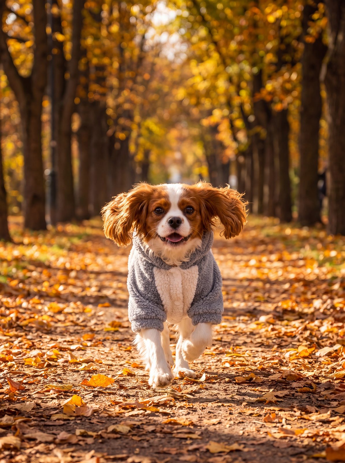 Chien qui trotte dans une allée d'automne avec un sweat à capuche teddy gris et crème